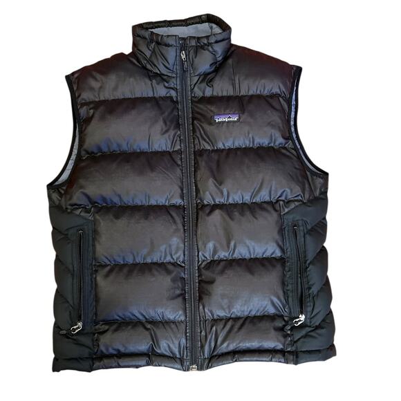 90s Vintage PATAGONIA Black Full Zip Quilted Down Puffer Vest Jacket Men's SMALL - Picture 1 of 7